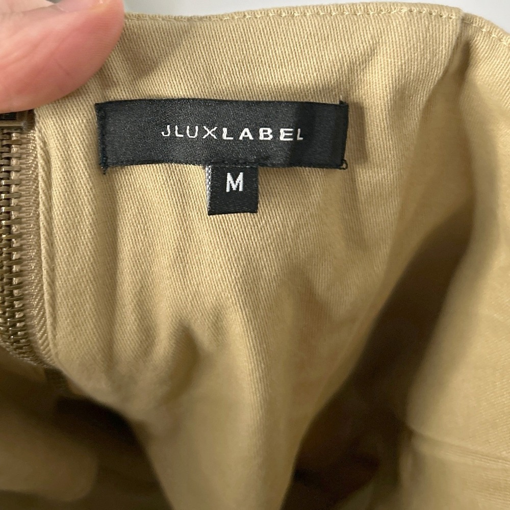 JLUXLABEL Khaki Asymmetric Belted Midi Dress M Strapless Trench Chic NWT No Belt - Picture 5 of 16